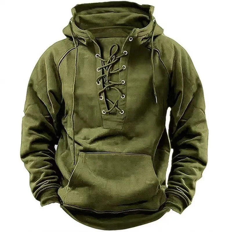 Autumn Fashion Mens Hooded Sweatshirts Lace-up Drawstring Long Sleeve Loose Hoodies Men Streetwear Vintage Solid Color Hoodies - Matrix Studios