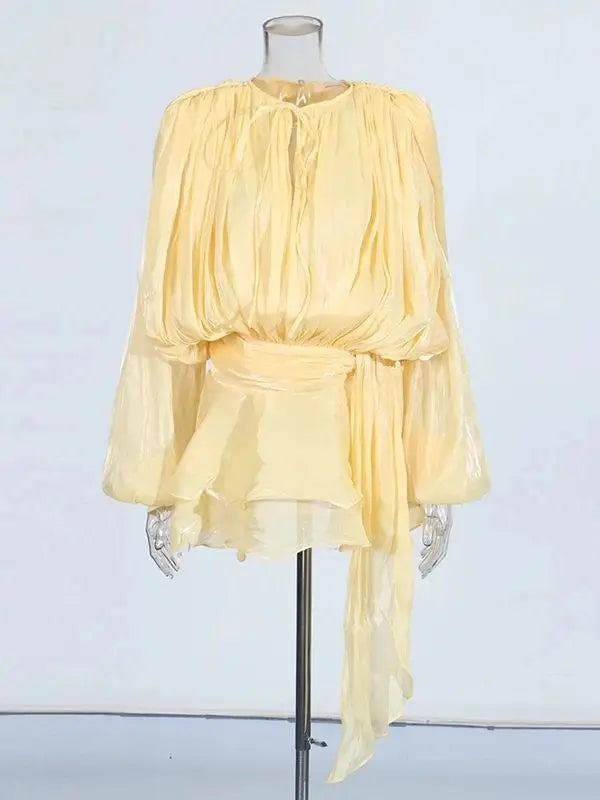 TWOTWINSTYLE Solid Blouse Mini Dresses For Women V Neck Long Sleeve Spliced Lace Up Sweet Style Dress Female Clothing Fashion - Matrix-studios.com