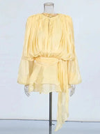 TWOTWINSTYLE Solid Blouse Mini Dresses For Women V Neck Long Sleeve Spliced Lace Up Sweet Style Dress Female Clothing Fashion - Matrix-studios.com