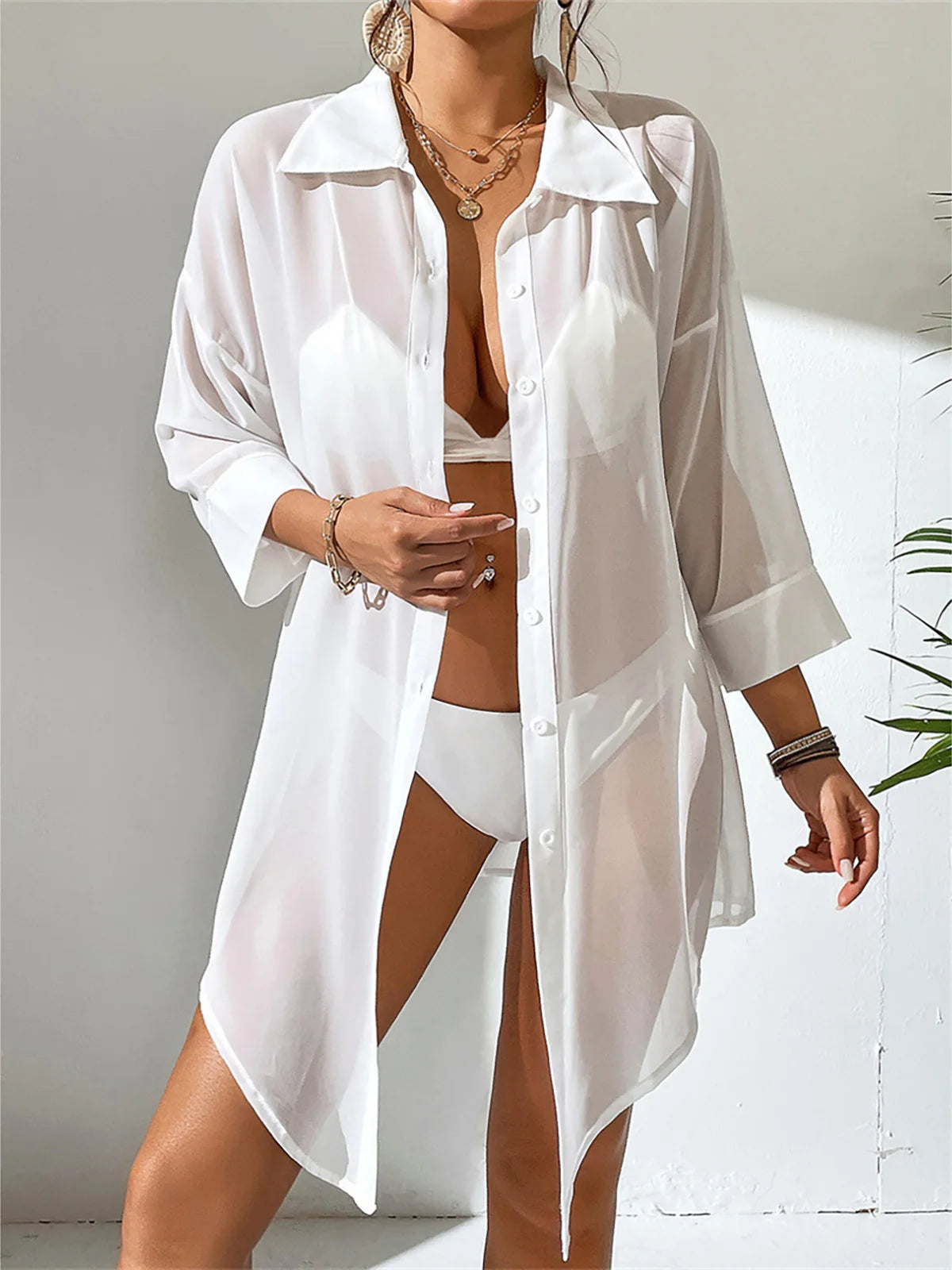 New Summer White Shirt Long Sleeve Top Blouse Tunic Beach Cover Up Cover-ups Beach Dress Beach Wear Beachwear Female Women K4777 - Matrix Studios