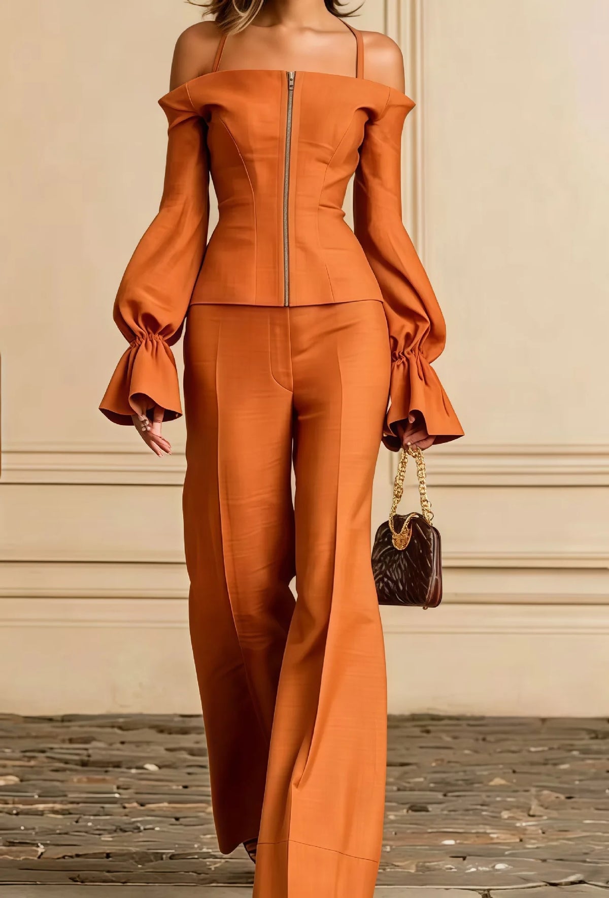 2 Piece Pants Set Women Solid Spaghetti Strap Lantern Sleeve Zip Slim Top Wide Leg Trousers Outfits Elegant Formal Office Suit - Matrix-studios.com