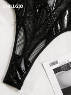 CHILLGIO Women Sexy PU Mesh Strappy Bodysuits Lace-up Tight Catsuits Hollow Slim Rompers Fashion One Piece Combination Oneise - Matrix Studios