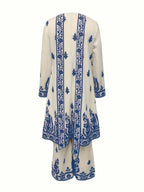 Plus Size Women's Off-White and Black Printed Three-Piece Set Ethnic Style Crew Neck Long Top Wide-Leg Pants and Headscarf Set - Matrix-studios.com