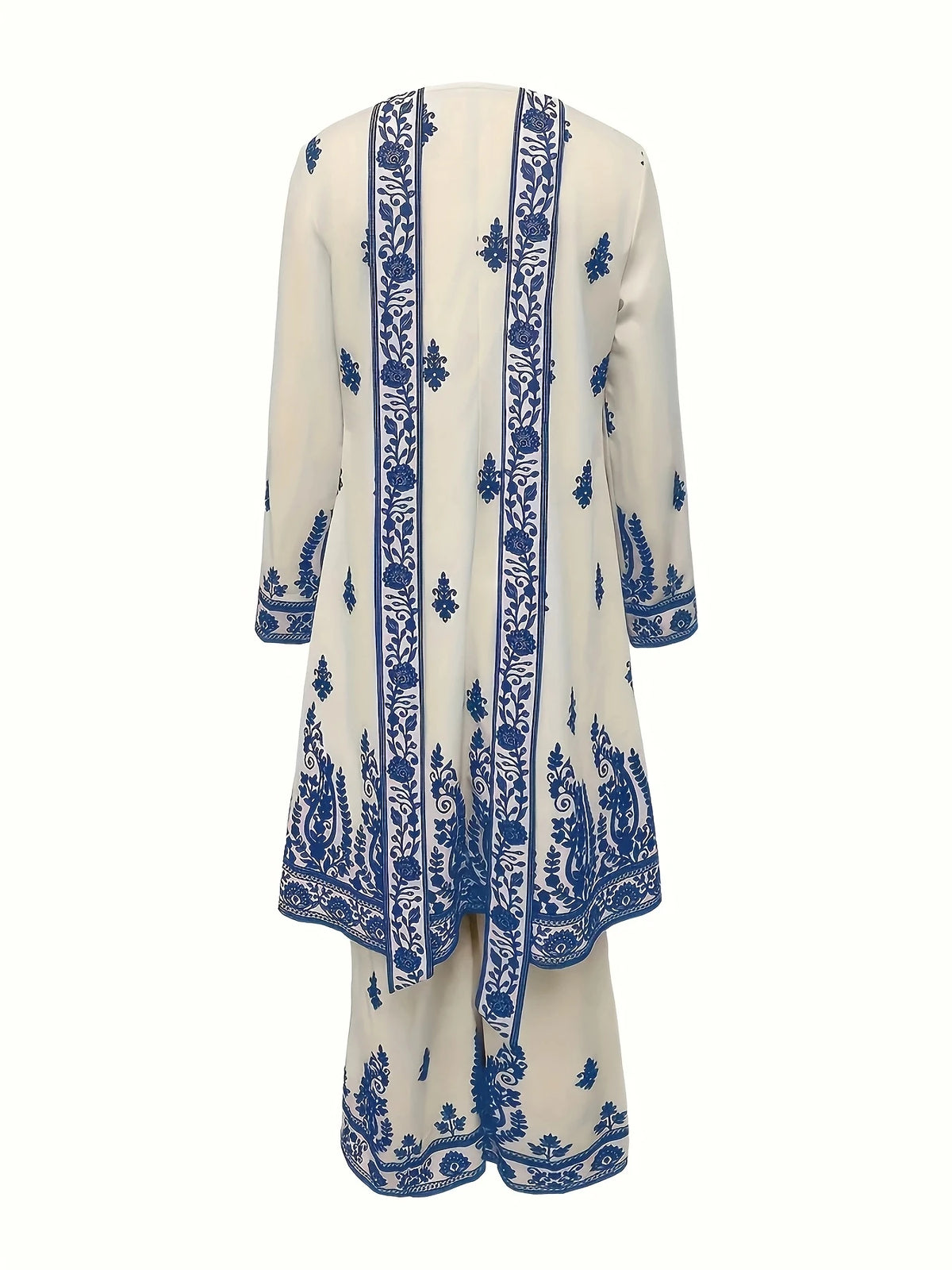 Plus Size Women's Off-White and Black Printed Three-Piece Set Ethnic Style Crew Neck Long Top Wide-Leg Pants and Headscarf Set - Matrix-studios.com