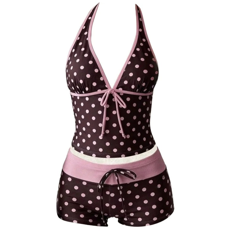 Women Swimwears Polka Dot 2-Piece Tankini Set Halter V Neck Front Tie Cami Top & Contrast Waistband Drawstring Swim Shorts - Matrix-studios.com