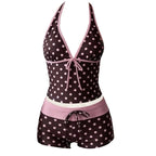 Women Swimwears Polka Dot 2-Piece Tankini Set Halter V Neck Front Tie Cami Top & Contrast Waistband Drawstring Swim Shorts - Matrix-studios.com