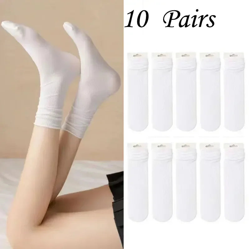 10 Pairs Kawaii Women's Ice Silk Socks - Medium Tube Solid Color Stacked Style, Breathable & Soft Casual Socks - Matrix Studios