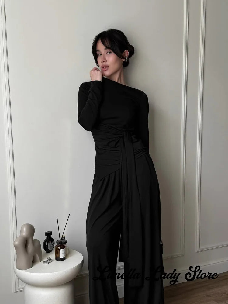 Women Brown Boat Neck Long Sleeve Side Tie Waist Slim Top Wide Leg Pants Elegant Daily Commuter Fashion Lady 2 Piece Outfit Set