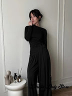Women Brown Boat Neck Long Sleeve Side Tie Waist Slim Top Wide Leg Pants Elegant Daily Commuter Fashion Lady 2 Piece Outfit Set