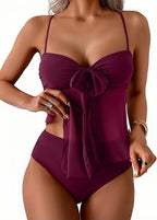 Women Solid Front Bow Chiffon Bikinis Set 2 Piece Tankini Swimsuit Strapless Bandeau Spaghetti Strap High Cut Beach Swimwear - Matrix-studios.com