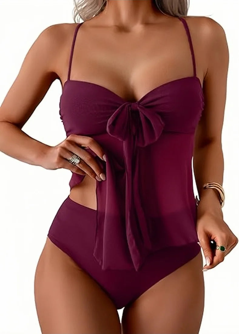 Women Solid Front Bow Chiffon Bikinis Set 2 Piece Tankini Swimsuit Strapless Bandeau Spaghetti Strap High Cut Beach Swimwear - Matrix-studios.com