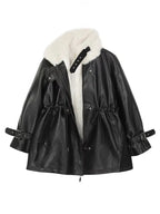 Mauroicardi Autumn Winter Loose Thickened Warm Black Pu Leather Jacket Women with Faux Fur Inside and Collar Furry Parka 2025 - Matrix Studios