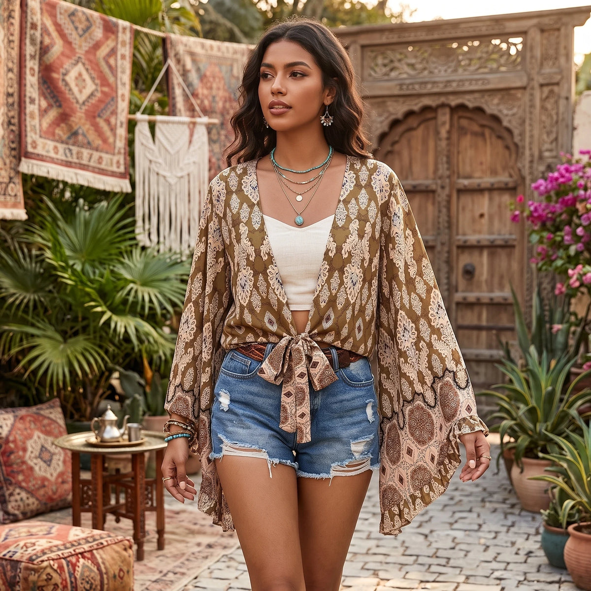 Bohemian Floral Print Rayon Kimono Holiday Tops Women Summer Ruffle Flare Sleeve Tie Front Crop Top Beach Boho Cover-ups - Matrix Studios