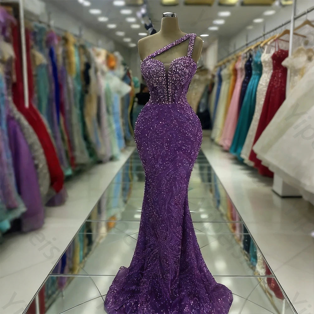 Customized Exquisite Evening Dresses Gorgeous Dazzling One Shoulder Backless Fishtail Gown Beading Long Dress Formal Party Gowns - Matrix-studios.com