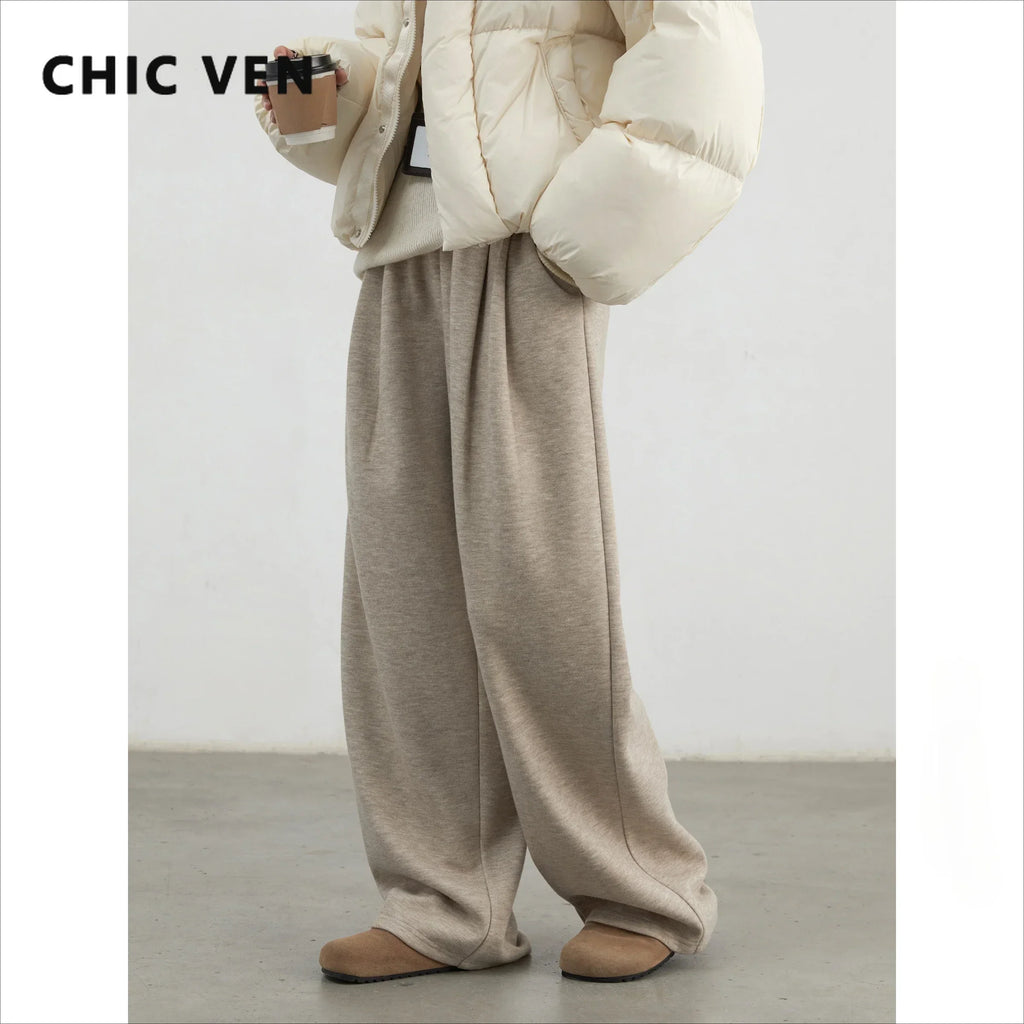 CHIC VEN Women Pants New High Waisted Pleated Casual Soft Wide Leg Pant Female Thicken Trousers Sport Solid Plush Winter 2024