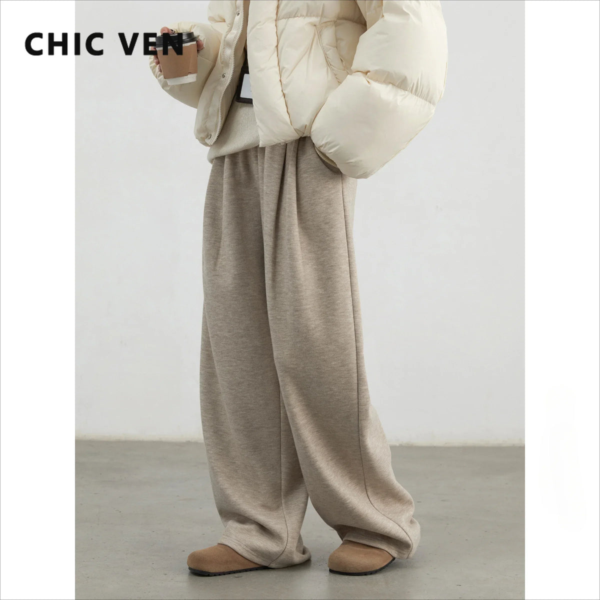 CHIC VEN Women Pants New High Waisted Pleated Casual Soft Wide Leg Pant Female Thicken Trousers Sport Solid Plush Winter 2024