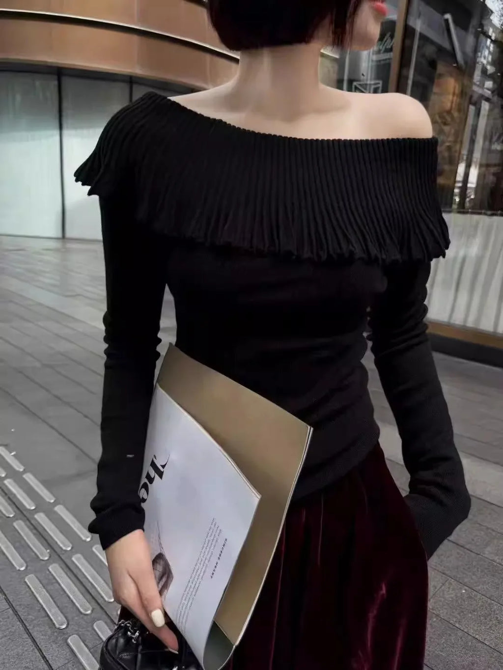 Women's Solid Color Slash Neck Ruffles Sweater Short Pullover Korean Fashion Chic Retro Style for Autumn Winter - Matrix Studios
