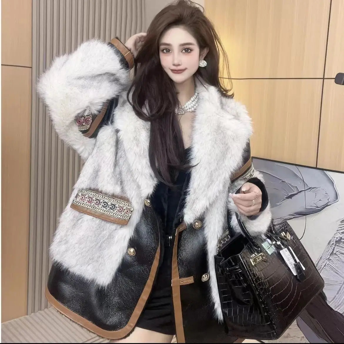 Ethnic Winter Faux Fox Fur PU Splice Coat Turn Down Collar Imitation Mink Fur Faux Leather Jacket Warm Furry Parka Cardigan Tops - Matrix Studios