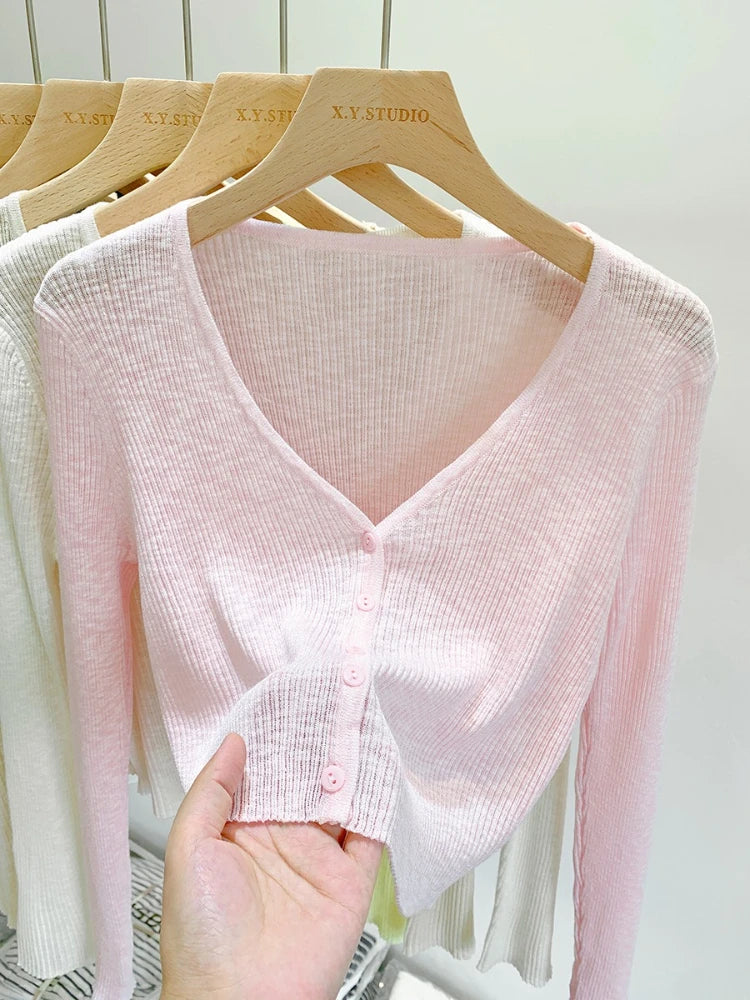 2026 Summer Thin Air Conditioning Blouse Ice Silk Knit Sun Protection Women Cardigan Solid Color Casual Short Shawl Outerwear - Matrix Studios