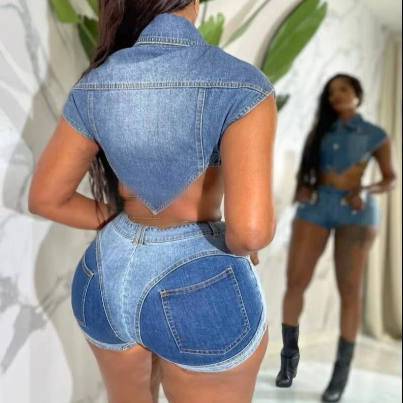 Two Piece Sets Women Denim Outfits Shorts Top Single Breasted Stretch Matching Sets 2025 Y2k Streetwear Sexy Short Pants Suit - Matrix-studios.com