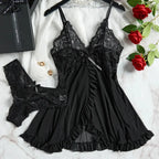Sexy Lingerie Set Women Erotic Bra Nightdress Sexy Lace Sleepwear Solid Slim Soft Dresses V Neck Full Slip Sleepwear & Dresses - Matrix-studios.com