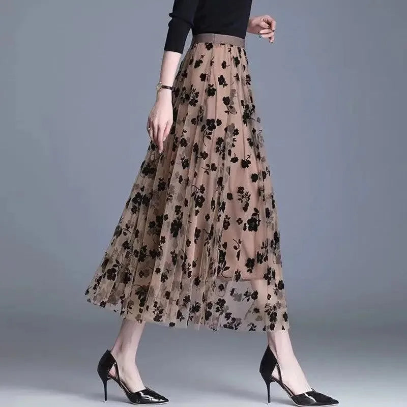 Gauze skirt floral half fairy skirt spring and summer new pleated A-line skirt in the long high waist thin gauze skirt - Matrix-studios.com