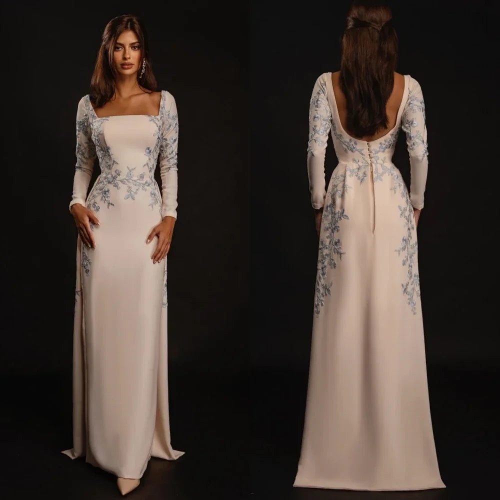 Customized Prom Dresses Exquisite Square Sheath Evening Embroidery Flower Vertically Satin Formal Occasion Gown فساتين - Matrix Studios