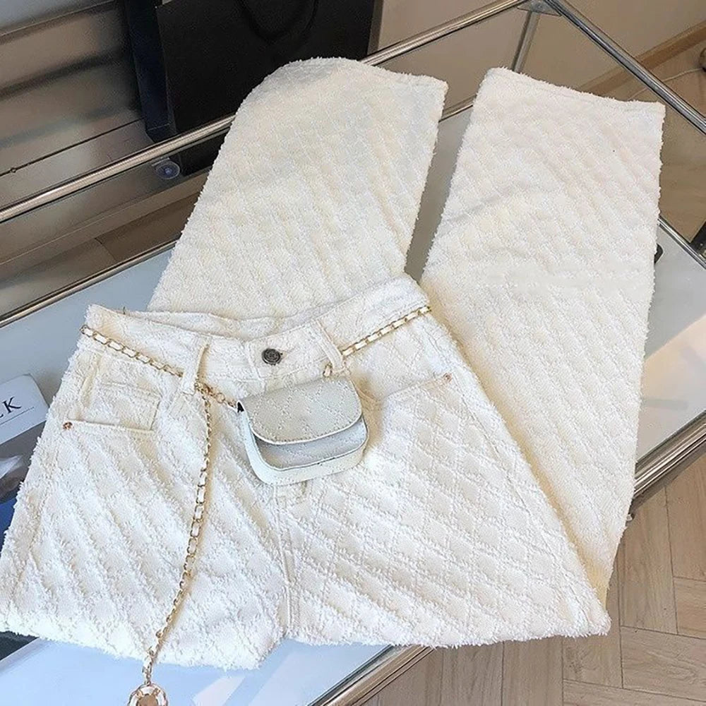 White Plaid Straight Loose Pants Women Spring Autumn Fashion Jeans 2025 New High Waist Wide Leg Full Trousers Female Denim Pants - Matrix-studios.com