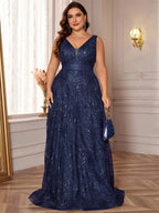 Plus Size Luxury Deep V-Neck Sequins Blue Evening Dress Women Elegant V-back Wedding Party Long Prom Cocktail Dresses - Matrix Studios