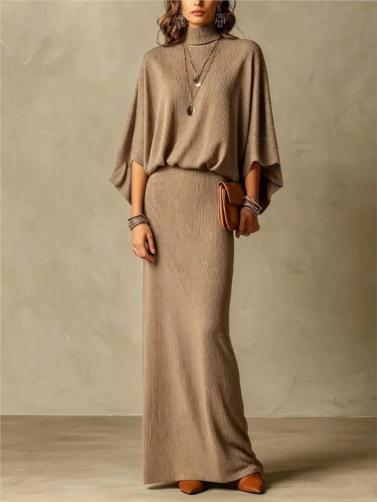 Autumn Winter New Fashion High Collar Bat Sleeve Skirt 2piece Set Women Casual Knitted Pit Strip Elegant Slim Hip Hip Skirt Suit - Matrix-studios.com
