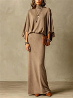 Autumn Winter New Fashion High Collar Bat Sleeve Skirt 2piece Set Women Casual Knitted Pit Strip Elegant Slim Hip Hip Skirt Suit - Matrix-studios.com