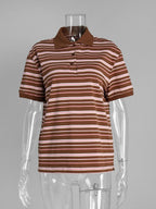 Sumuyoo Women's Retro Striped Polo T-Shirt Loose Fit Short Sleeve Casual Knitted Shirt Fashionable Summer Top for Ladies - Matrix-studios.com