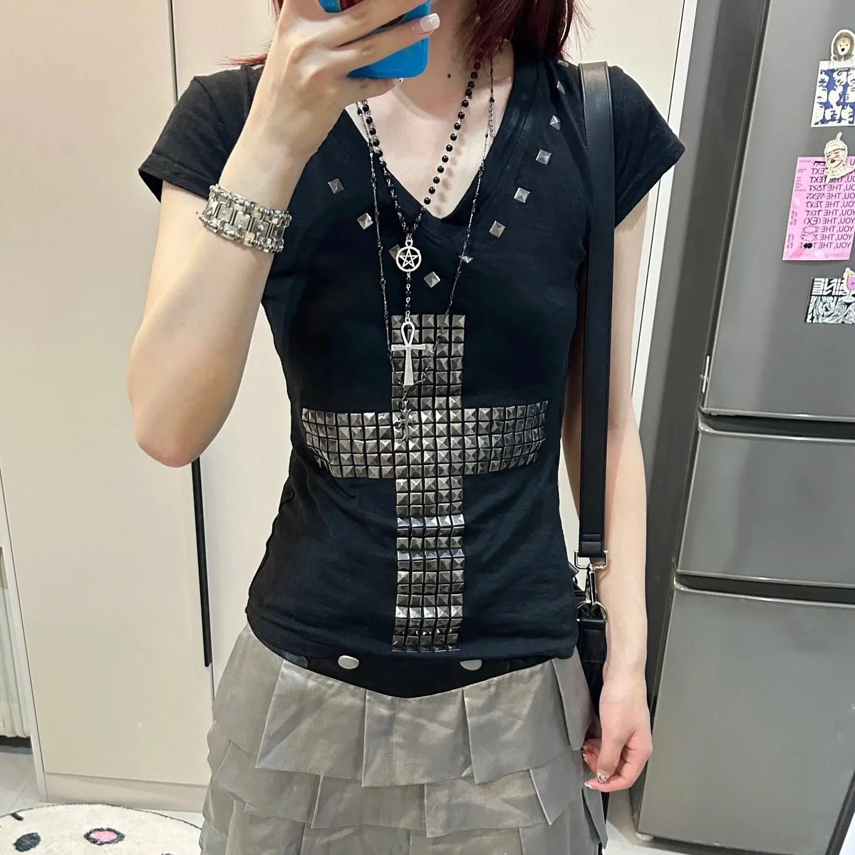 Karrram Japanese Y2k Metal Cross Print T-shirt Vintage Harajuku Short Sleeve Sheer Tops Trashy 2000s V-neck Streetwear Grunge - Matrix-studios.com