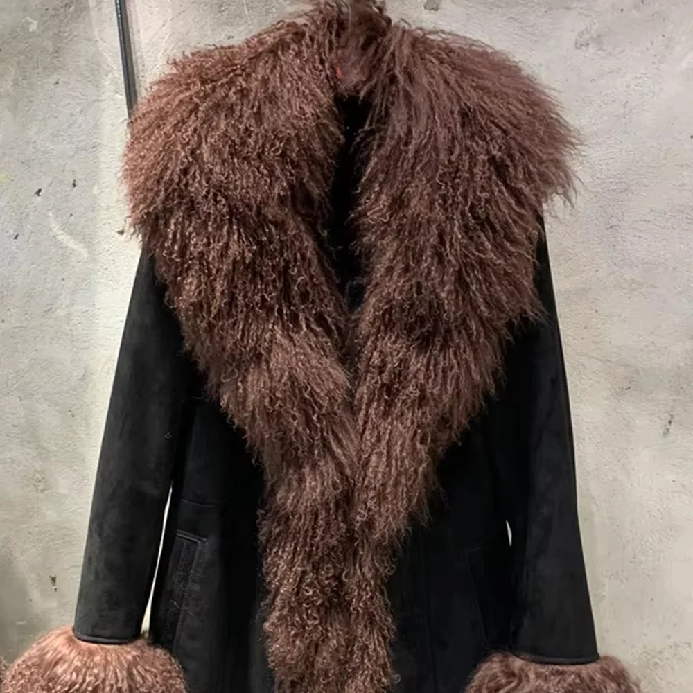 Suede Coat Fur Collar Women Autumn Genuine Sheepskin Coat Long with Mongfolian Fur Trim - Matrix Studios