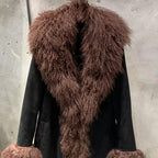 Suede Coat Fur Collar Women Autumn Genuine Sheepskin Coat Long with Mongfolian Fur Trim - Matrix Studios