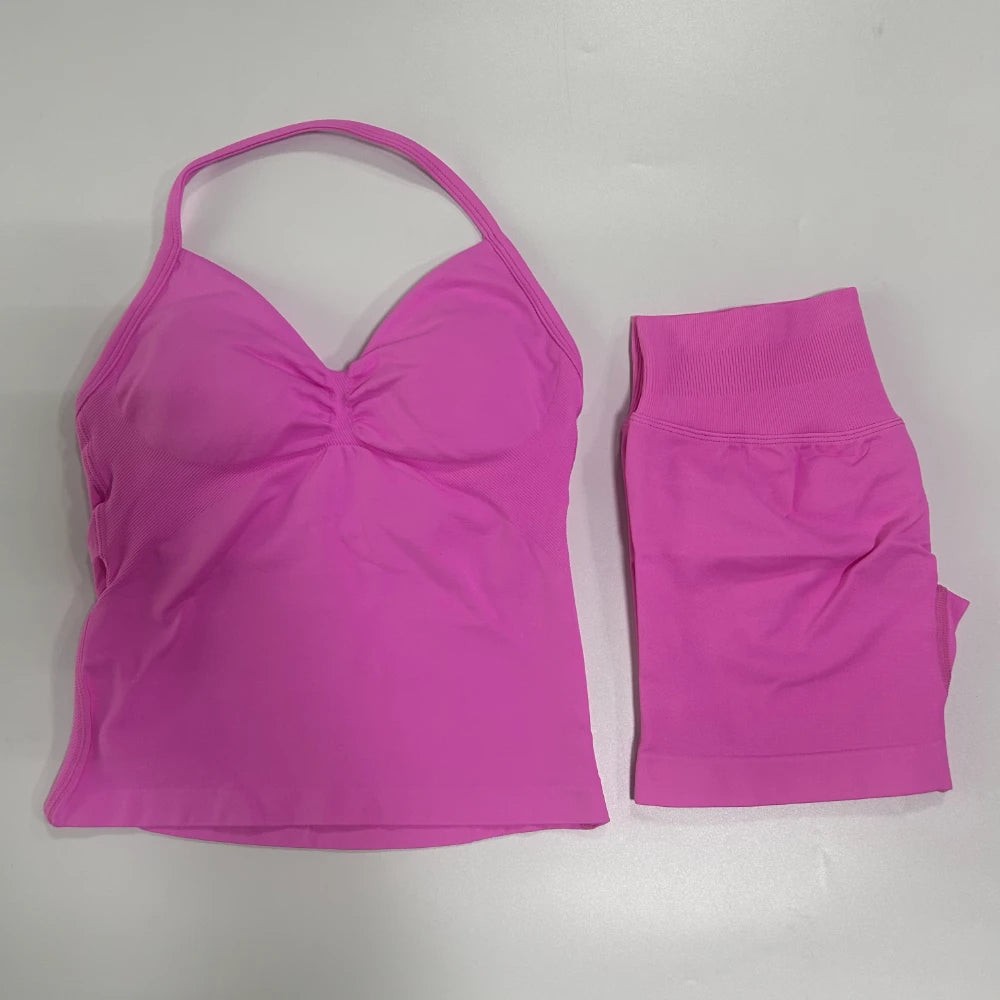 No Logo 2Pcs Gym Set Women Backless Tank Tops High Waist Scrunch Seamless Shorts Gym Suit Fitness Clothes Activewear Workout Set - Matrix-studios.com