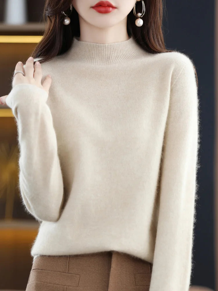 Fashion 100% Wool Sweater Women's Mock-Neck Knitwear Cashmere Pullovers Autumn Winter Long Sleeve Jumpers Clothing Tops - Matrix Studios