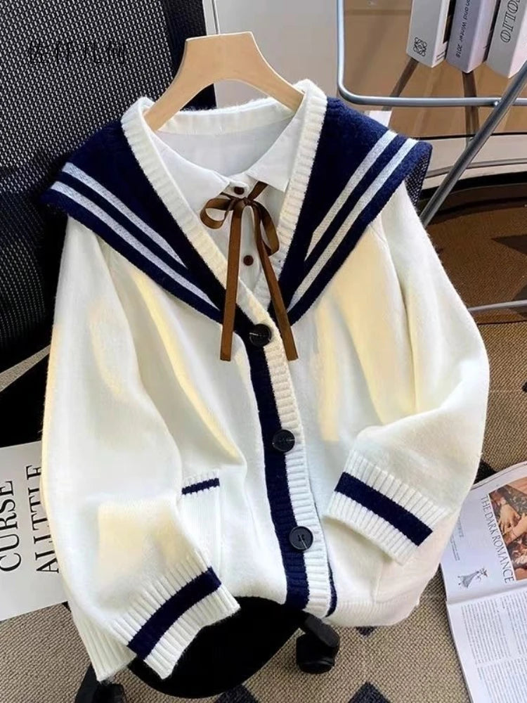Sweet Sailor Collar Sweaters for Women 2025 New Loose College Style Cardigan Woman - Matrix Studios