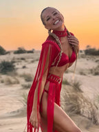 Leosoxs Hand Crochet Knitted Women Bikini Cover Ups Summer Holiday Tassel Beach Bathing Suit Sexy Hollow Out Skirts Matching Set - Matrix Studios