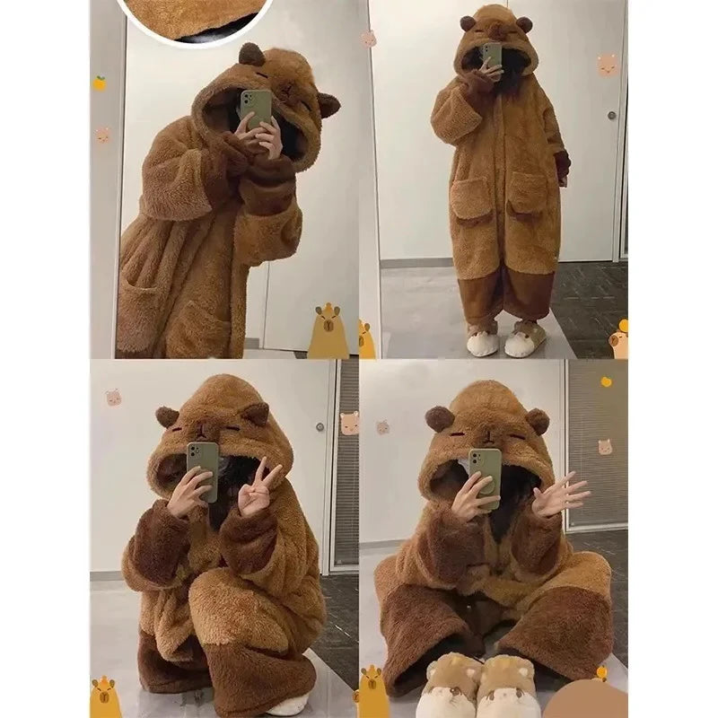Bathrobe Woman Showerpadded Warm Plus Size Cartoon Bear Pajamas Coffee Color Dressing Gown Coral Velvet One-Piece Pajamas - Matrix-studios.com