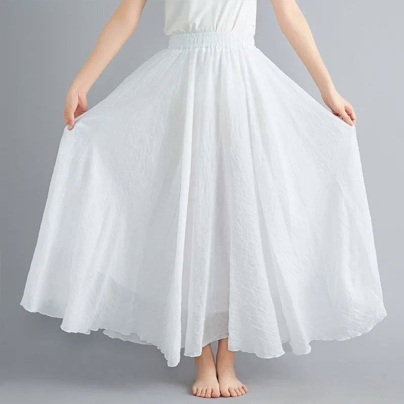 28-Color Mori Girl Literary Cotton Linen Dress Elastic Waist A-line Expansion Skirt Solid Color Ethnic Style Women Long Skirts - Matrix-studios.com