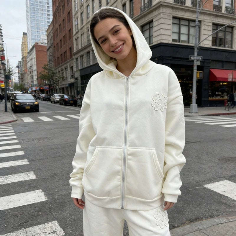 Women Men Unisex Floral Zip Up Hoodie Sweatshirt & Wide Leg Pants Set Two Piece Outfit Casual Streetwear Loungewear
