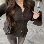 Sexy Slim Flared Sleeve Women's Shirt Solid Lapel Single-breasted Back Bandage Tunic Female Blouses Spring Trend New Lady - Matrix-studios.com