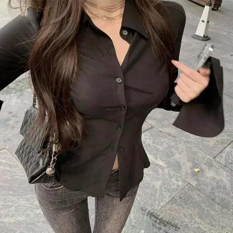 Sexy Slim Flared Sleeve Women's Shirt Solid Lapel Single-breasted Back Bandage Tunic Female Blouses Spring Trend New Lady - Matrix-studios.com