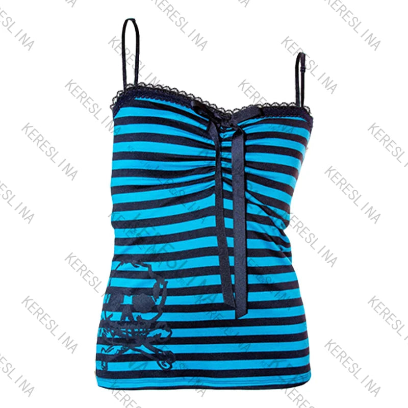 Millennial Style Y2K Skull Lace Bow Striped Halter Top Punk Goth Harajuku Style Top Summer Spice Girls Aesthetic Slim Streetwear - Matrix-studios.com