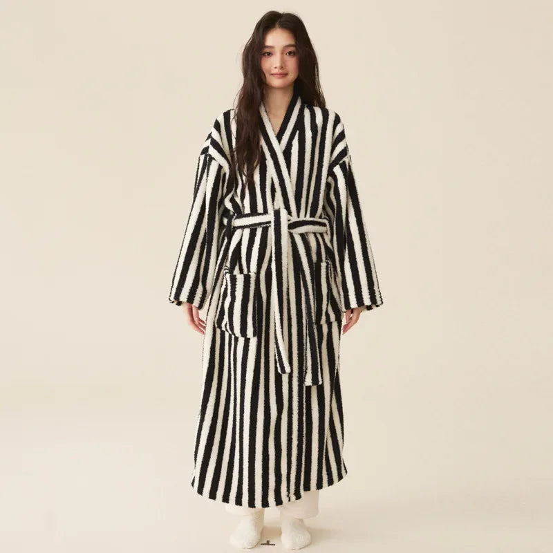 Thickened Flannel Robe Pants Pajamas Set Autumn Winter New Couple Coral Velvet Women Men Bathrobe Striped Lengthed Home Clothes - Matrix-studios.com