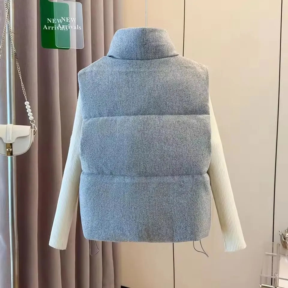 Autumn Winter Gray Cotton Vest Women Thick Warm Sleeveless Coat Outerwear 2025 New Chic Stand-up Collar Cotton Padded Waistcoat - Matrix Studios