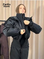 Fashion Hooded One-Piece Ski Jumpsuit Women Stand Collar Zipper High Waist Solid Windproof Outwear 2026 Winter Lady Skiwear New - Matrix Studios