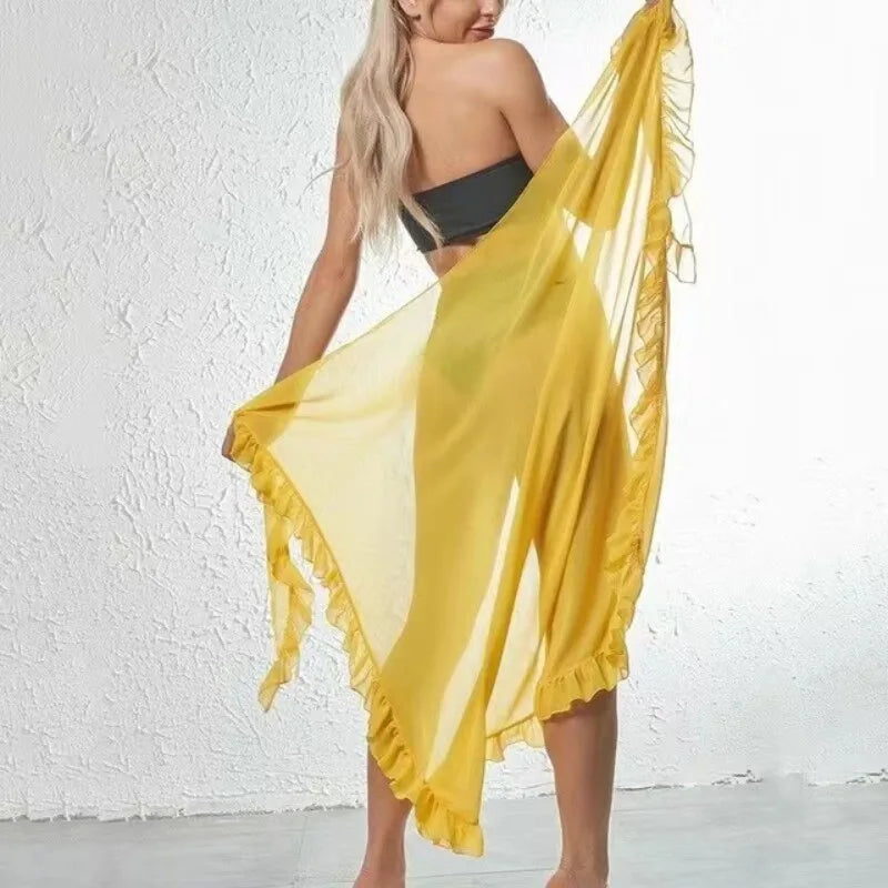 5 Colors Ruffle Sarong for Women 2024 Summer Solid Bikini Long Skirt Beach Dress Swimming Sun Protection Swim Cover Ups Monokini - Matrix Studios