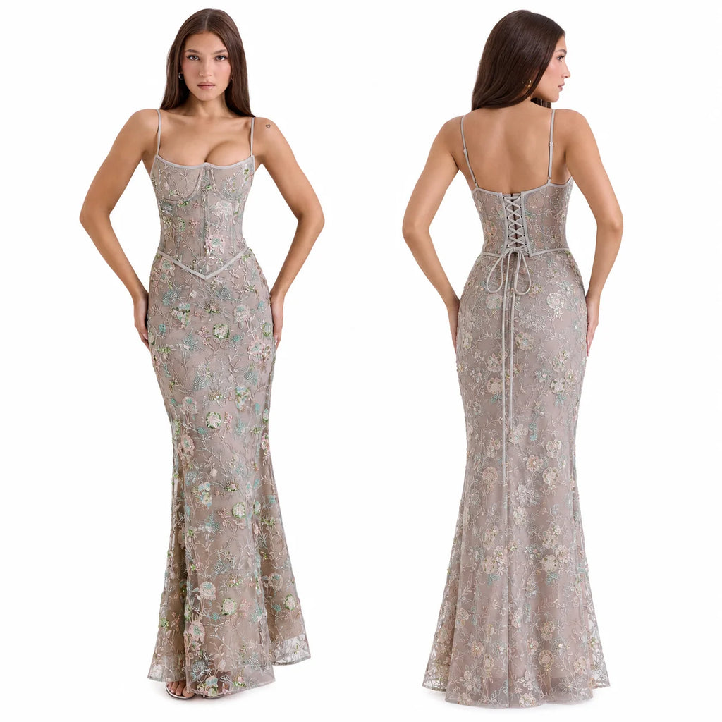 Women Floral Embroidery Sequin Mermaid Prom Dress, Spaghetti Strap Corset Bodycon Long Evening Gown for Wedding Guest Formal Party - Matrix-studios.com